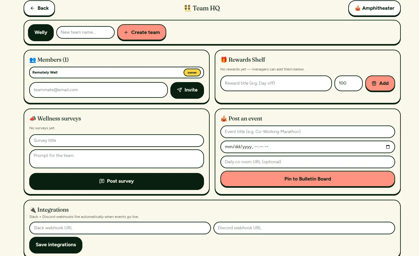 Remotely Well screenshot: Team HQ