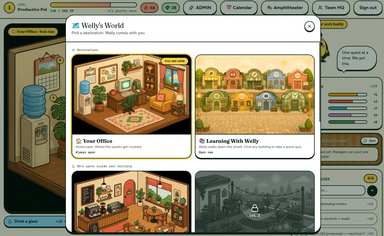 Remotely Well screenshot: Welly's World ยท pick a destination